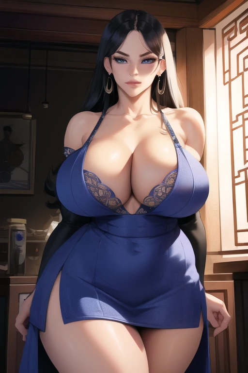 Surreal 8k CG, masterpiece, ((very detailed 배경, intricate details, very detailed, fine details best quality, overly detailed face)), huge breasts ,beautiful lighting, absurd, Good Hancock V2, 1 woman, alone, black hair, long hair, jewelry store, closed mouth, ), divided, (traditional chinese dress : 1.1), (under the chest : 1.4), elbow gloves, thighs 부츠, mini skirt, bare shoulders,, bare shoulders, attractive, diaphragm, attractive, thighs, Shiny clothes), blue eyes, complex detailed background, inside, Palace), ((cowboy shot)), attractive, (huge breasts: 1.4), attractive 미소, cowboy shot, earring, jewelry store