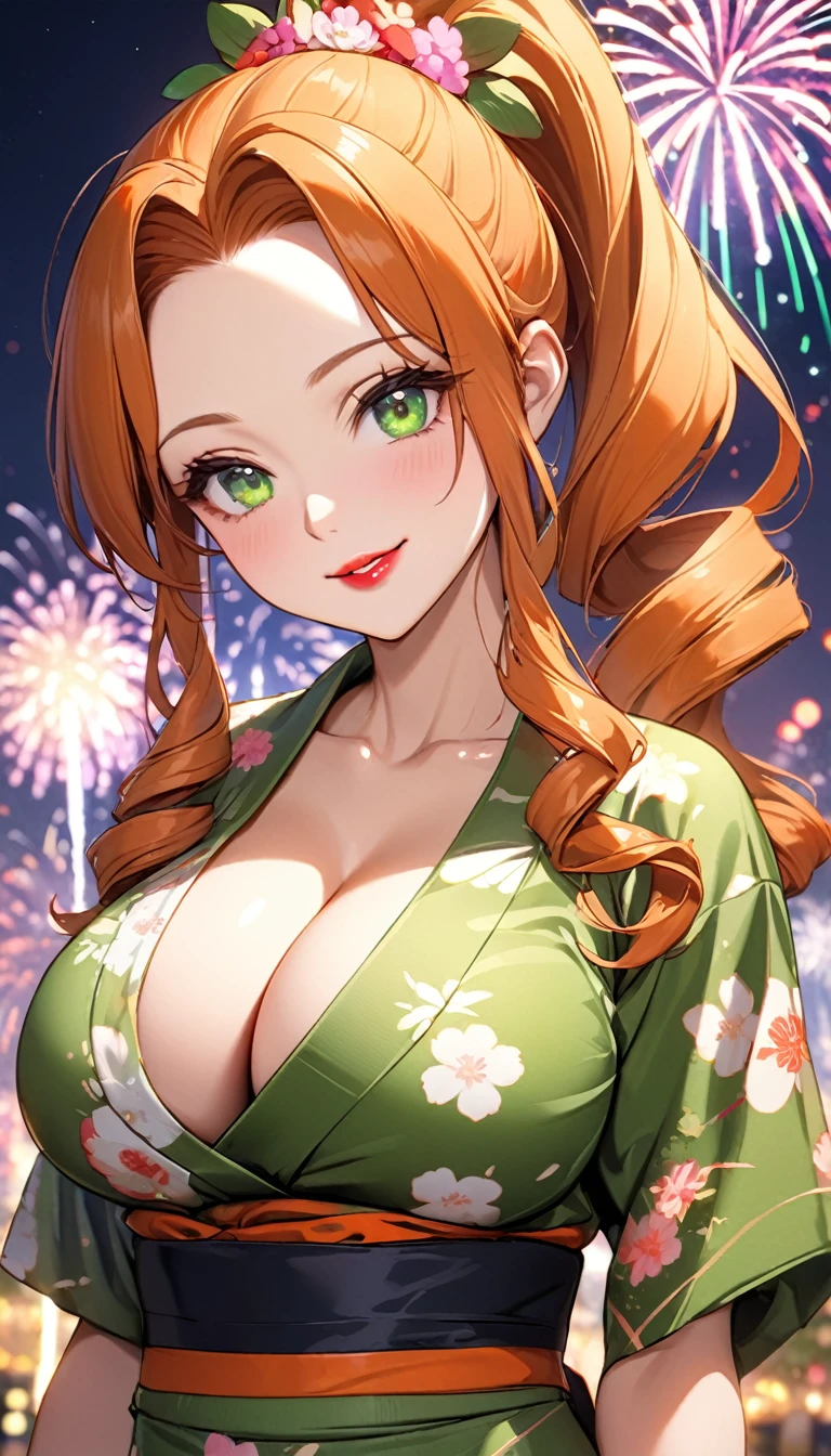 (Highest quality,4K,8k,High resolution,masterpiece:1.2),Very detailed,32-year-old woman、(((Mature Woman))), (((Mature Woman))), 独奏, from the front、Large Breasts, Cleavage、Beautiful Eyes、Orange Hair、Moss green eyes、Red lips, ((ponytail)), (Drill Hair), ((forehead)),  Very cute face, Glossy Lips, Double eyelids on both eyes,Natural smile、Tight waist、Sexy ass、Natural Makeup, Long eyelashes, Shiny and smooth hair、Japanese yukata costume、Flower Hair Ornaments、night、Fireworks display、Colorful fireworks、cowboy shot, Shallow depth of field