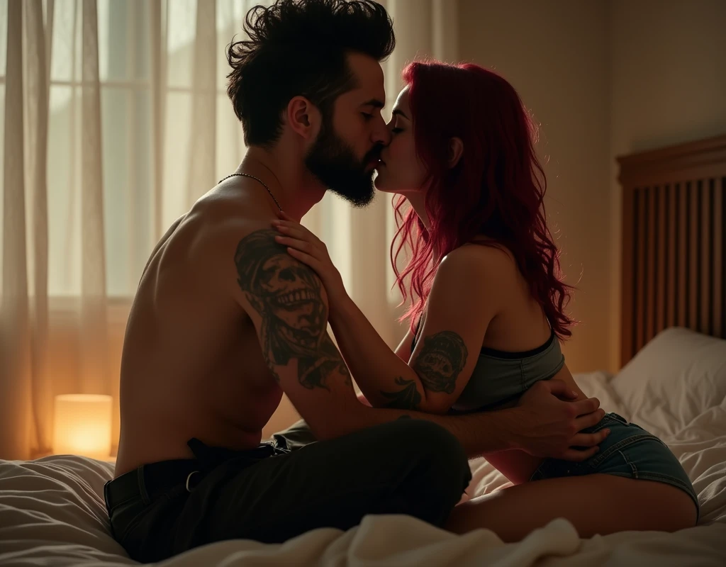 209 cm tall, 29-year-old, attractive man with black short layered swept back wavy crew cut hair, short black facial hair, shirtless, Mediterranean-Native American features, no tattoos, black cargo pants, hip shot, kissing much shorter woman 170cm tall light skin and vibrant maroon hair wearing off shoulder top and shorts as they sit on a bed, photorealistic, cinematic
