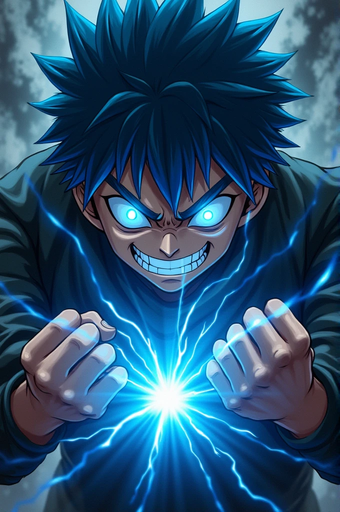 Evil smile anime boy with blue hair and glowing blue eyes clutching fists manga style
