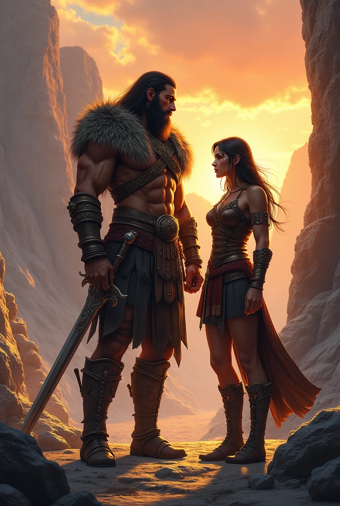 A muscular and imposing warrior, with long brown hair, standing on rocky ground under an orange sky, Suggesting the sunset. He is dressed in heavy armor and tribal ornaments., holding a long, shining sword, that rests on the ground beside you. Beside him, a dark haired woman, dressed in warrior attire with leather and metal pieces, is partially hidden behind it, looking into the distance with a serious expression. The scenery in the background is desolate and mountainous., with big cliffs, creating an epic and adventurous atmosphere. At dinner it transmits power, protection and a sense of shared mission or destiny.