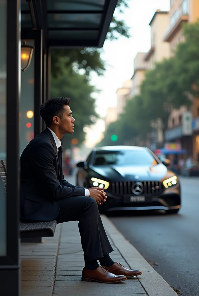 A Colombian person sitting at a bus stop in Cali, my own, and dreaming in a Mercedes AMG 63