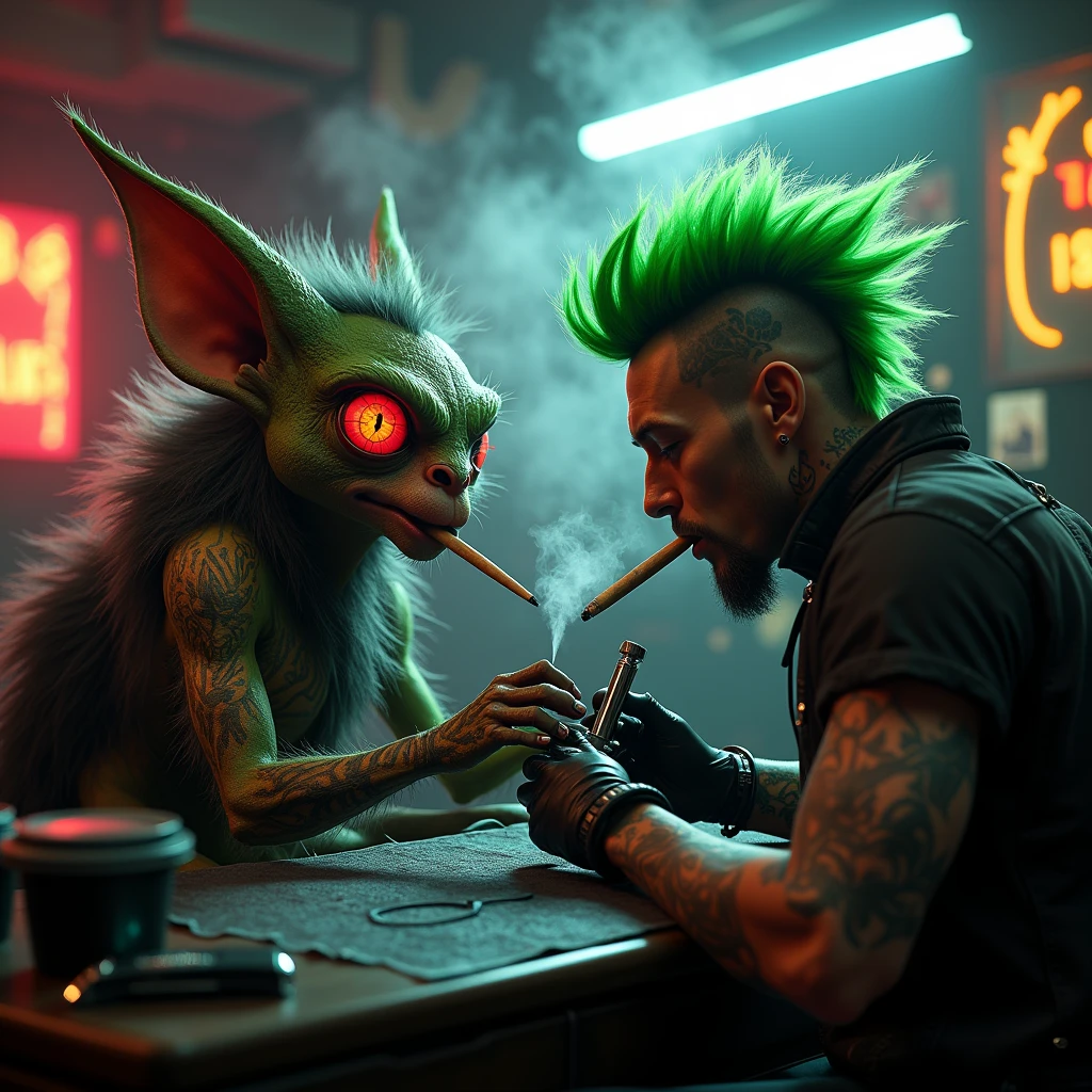 A mesmerizing 36k ultra UHD image captures Mowai, the mythical gremlins character, in a dark fantasy tattoo parlor. The tattoo artist from The Gremlin sports piercings, tattoos and a green punk mohawk, deftly applying ink to Mowai's furry skin with his chrome tattoo machine. Mowai, with red eyes glazed over by marijuana smoke, smokes a tightly rolled marijuana cigarette, creating a surreal atmosphere. The tattoo parlor shines with bright, vibrant lights, fusing dark fantasy with high-tech elements, resulting in a visually stunning 3D rendering masterpiece., dark fantasy
