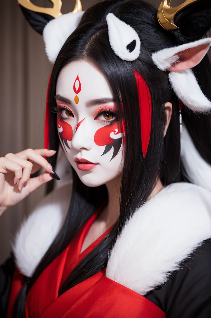 araffe woman in a black and red outfit with a white mask, with kitsune mask, classic kabuki, kitsune mask on head, kitsune mask, anime cosplay, inspired by Shunkōsai Hokushū, akali from league of legends, kabuki makeup, akali, kabuki mask, wearing a kitsune mask