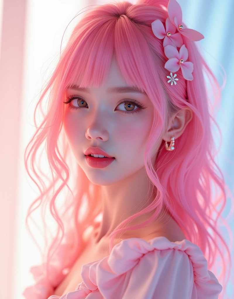Trendy Portrait, kawaii,beautiful girl ,2.5th Dimension,Bright colors,pink hair, Popmart Production, Delicate luster, Clean background, 8K Gradient Semi-Transparent Glass Melt, Frosted glass,