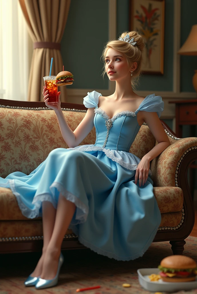 Cinderalla sitting in sofa with burger in one hand and cola on other hand