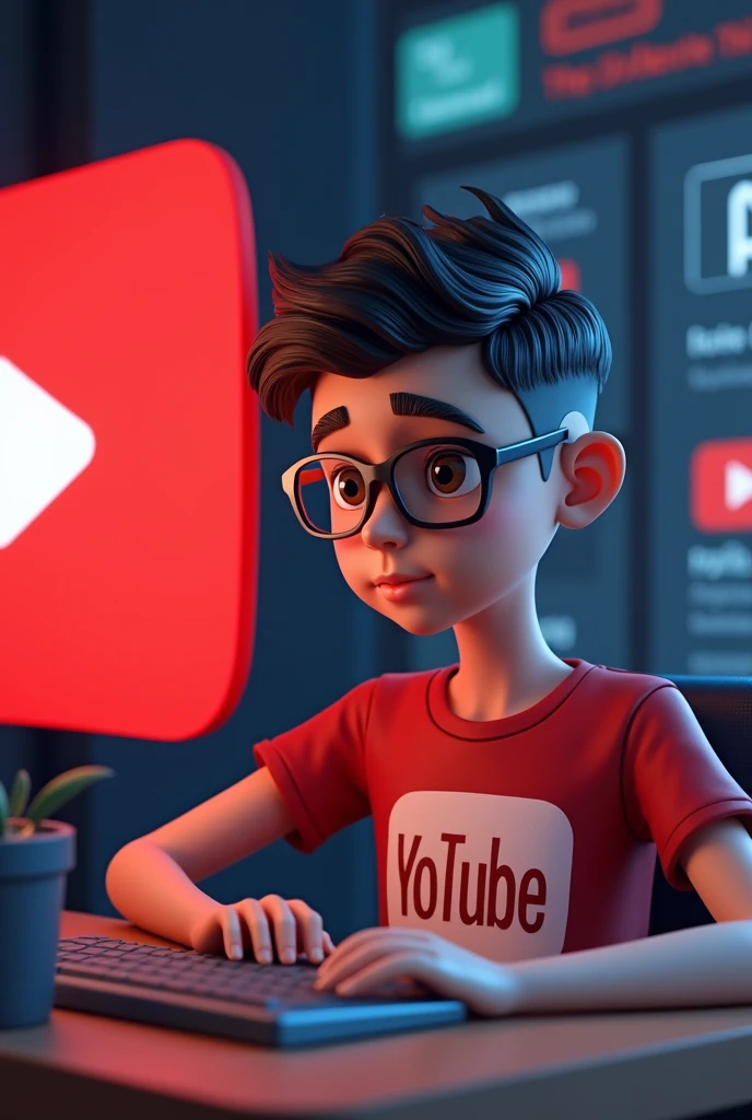 Create a 3D illustration featuring a realistic -yeld beiful Indian realistic boy busy Developing software in front of a 3D logo of “YouTube” The boy wearing Red & white casual Shirts, with glasses , Undercut hair style, The background of the image should showcase a social media profile page and the username “Niladri Art” and a matching profile picture and modify it according to your perspective.