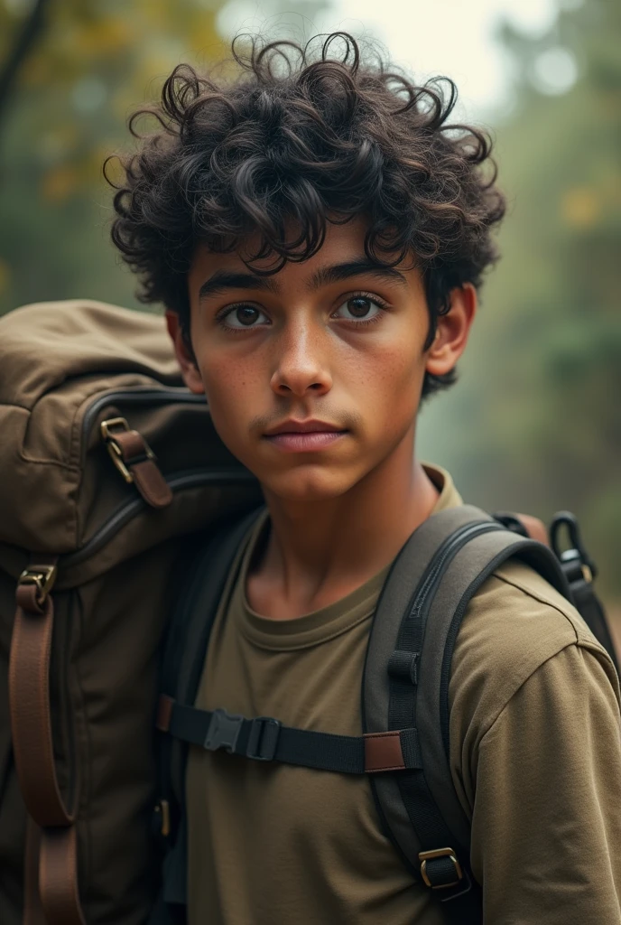 A curly haired man with black eyes holding a backpack