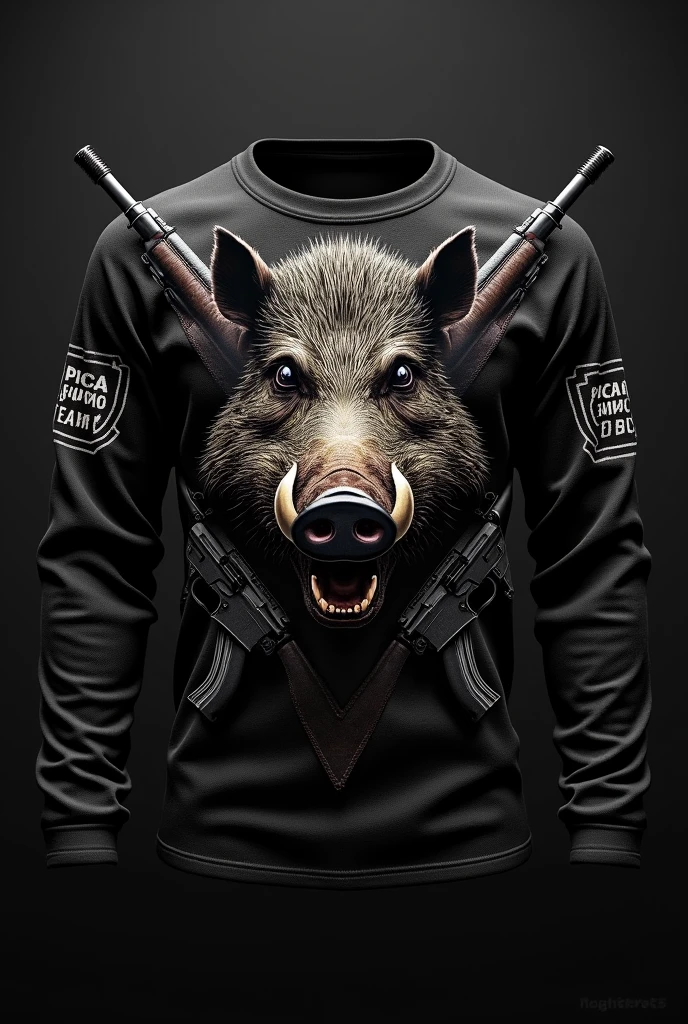 CREATE ARMY SHIRT MODEL IN BLACK COLOR WITH LONG SLEEVES, WITH THE FACE OF A TERRIFYING BOAR AND 556 RIFLES WITH THE LOGO "PICA FUMO TEAM "







