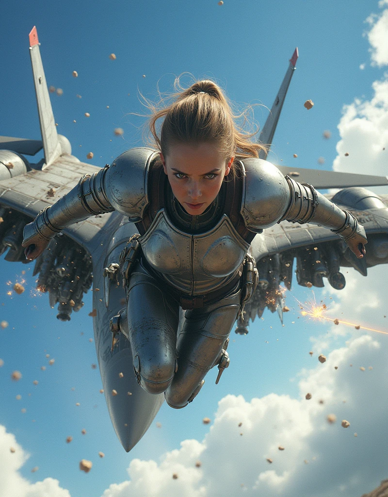 A girl in armor with an angry facial expression flew through the body of the fighter plane with her hands until it broke and burned. Background sky.
