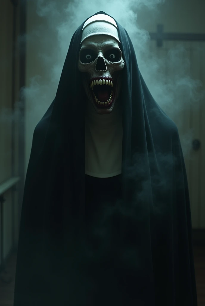 The ghost of a nun, terrifying in appearance, with her mouth split open and the rest of her face black, smiling strangely.。