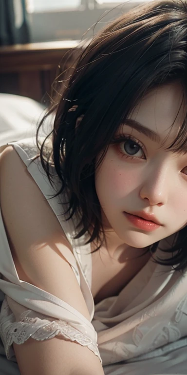 I lie face down on the bed and stare at you, 35 talents, Realistic, She wears a short, She is wearing fancy pajamas, short hair.Shoulder Bare