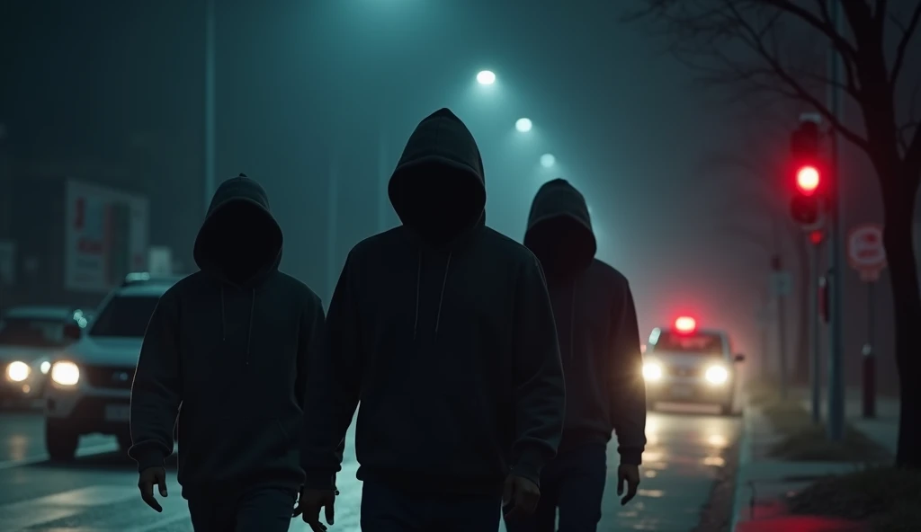 Three 28-year-old boys are hiding their faces with hoodies. All three are walking on the side of the road. Some vehicles are moving. The signal is red. It is very dark