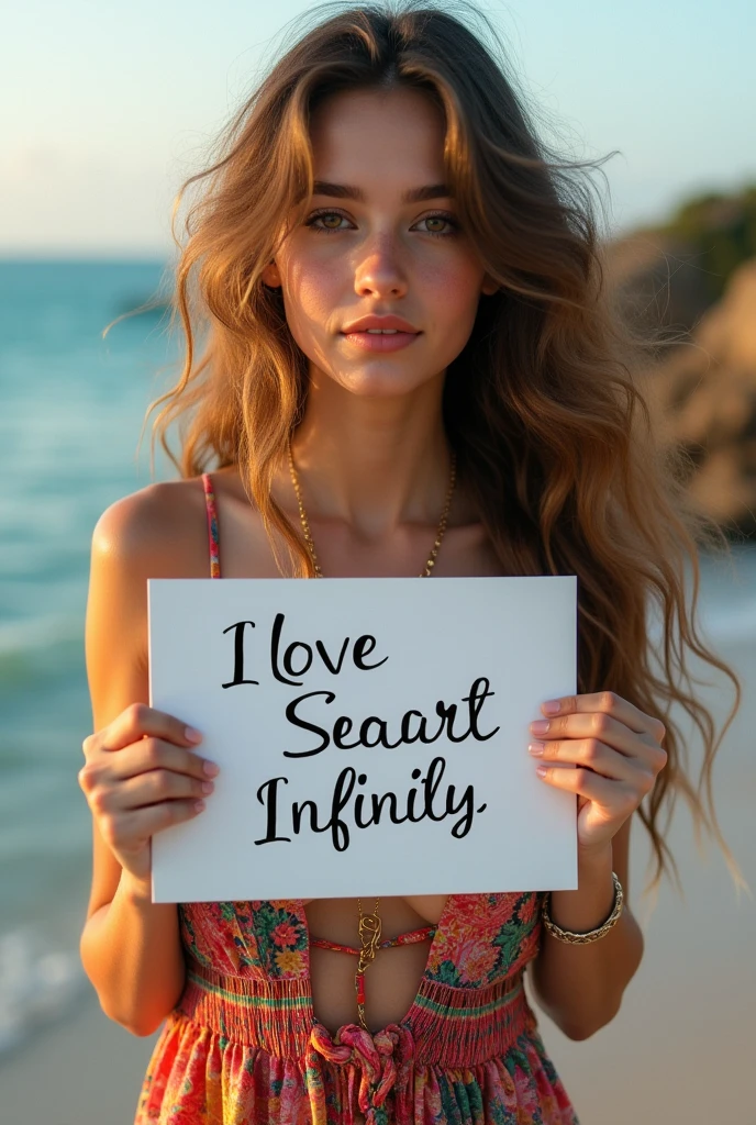 Beautiful girl with wavy long hair, bohemian dress, holding a white board with text "I Love Seaart Infinity" and showing it to the viewer