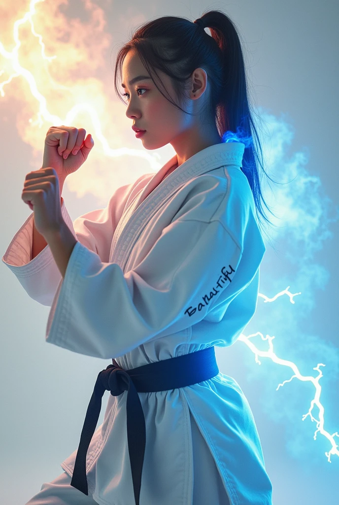 wide angle portrait of a beautiful 20 year old Indonesian girl wearing karate outfit in WARRIOR position, smoke and sparks effect with blue electric light, white and gray background, realistic ultra HD images that are perfect and flawless, rainbow colored smoke, add a spark of fiery red.displays " beautiful " on his clothes