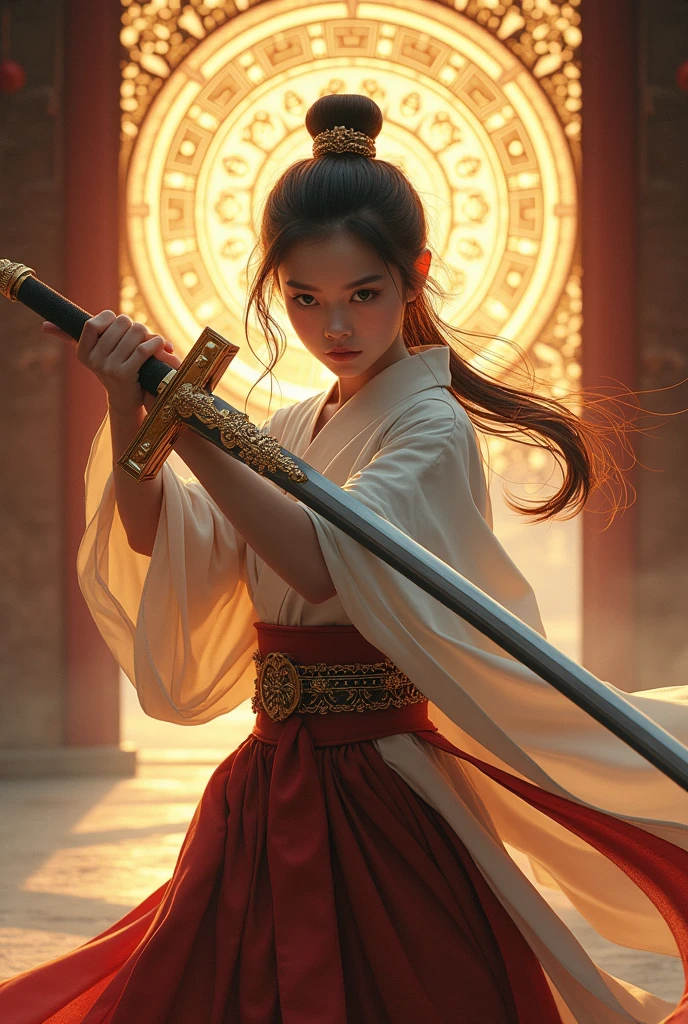(photorealistic :1.3), epic hyper Realistic, intricate details, High-tech, light and shiny, ink and gold painting, 3/4 of body View, a girl wearing a belly band and hafu, holding a heavy Chinese Saber  in the courtyard of an old dojo, the background is sacred geometry mandala, soft light.