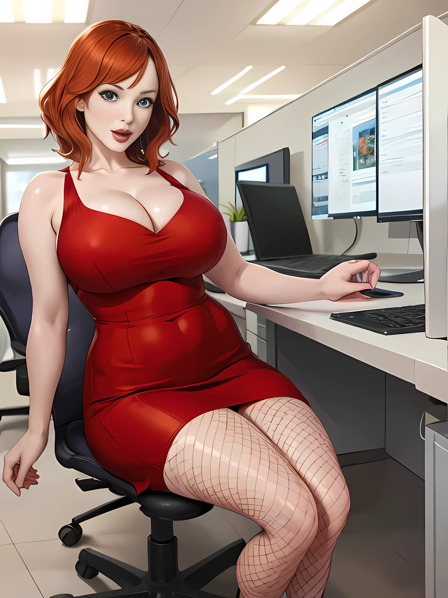 Christina Hendricks, in a modern office, office cubicles in background, wearing red dress, very tight dress, short skirt, fishnet stockings,