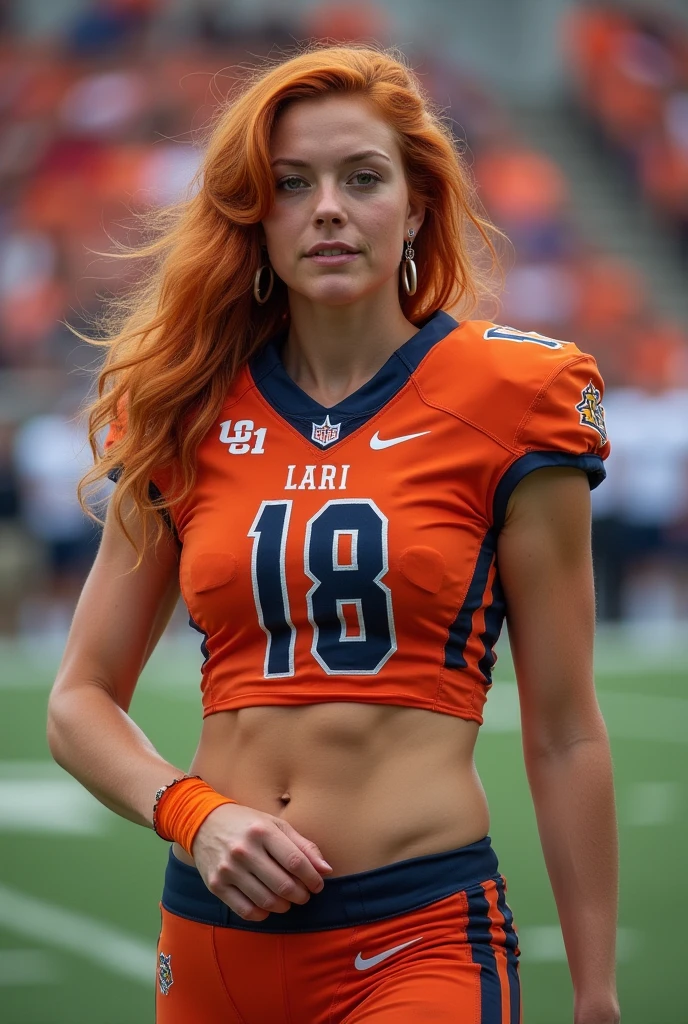 A photo of Jenna Jackson, a wide receiver for the female Oklahoma State Cowboys football team. Number 18. Auburn hair.