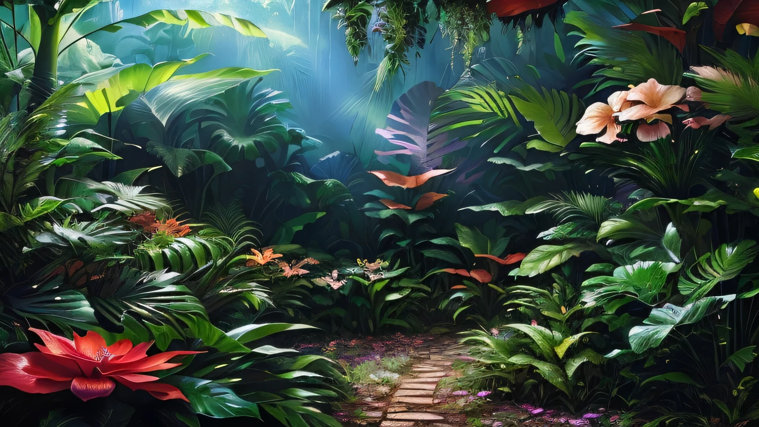 there is a very large amount of plants in the jungle, tropical jungle, lush jungle, floral environment, beautiful jungle, lush plants and flowers, plants and jungle, magical jungle, colourful jungle, deep jungle from another world, in the jungle. bloom, inside an alien jungle, inspired by Elsa Bleda, tropical forest, biophilia mood, overgrown jungle