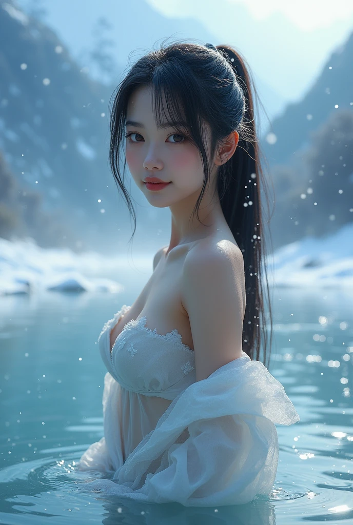 ((midnight, need, 8k, masterpiece:1.3)), Full body female, Leg length, Key Points:1.2, Full figure,,Japanese Beauty,Beautiful woman,Have a perfect body:1.4,((Dark brown hair, Huge breasts :1.2 )), (Low-cut,Deep V,),Highly detailed face and skin texture, There are many people there,Exquisite eyes, Double eyelids,big eyes,Lovely big breasts,Teenage Girl,, Huge breasts , Japanese Beauty,Ponytail,Shiranui,Snow Mountain,Ice water,Snow,Snowing day,Standing in Ice Water,Standing in the water,The lower body is in the water,Huge breasts,Super Huge breasts,1 girl,Smile,Japanese cosmetics,So beautiful