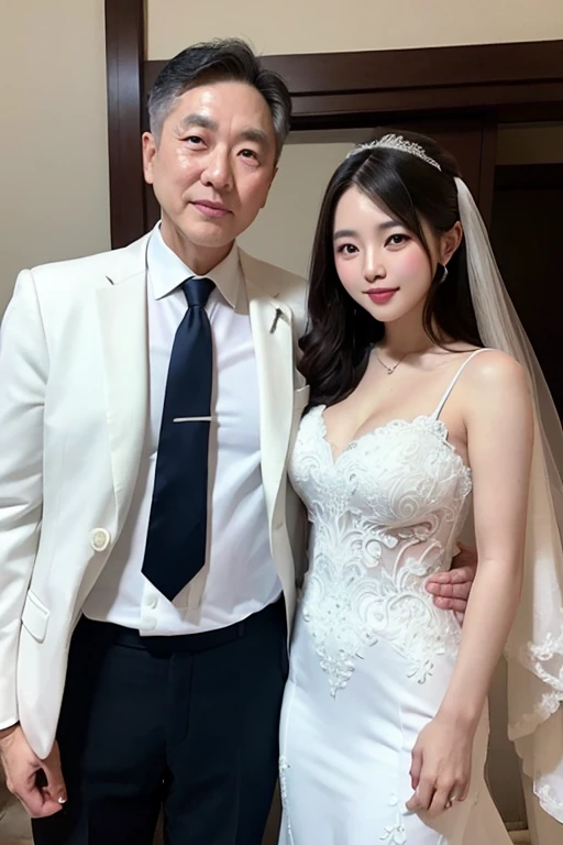 bride is 20 years old japanese girl, groom is 70 years old korean man, bride and groom posing for a photo in white wedding attire, smooth white tight clothes suit, wedding photo, wearing a wedding dress, lovely couple, official, wearing a white tuxedo, official photos, getty images