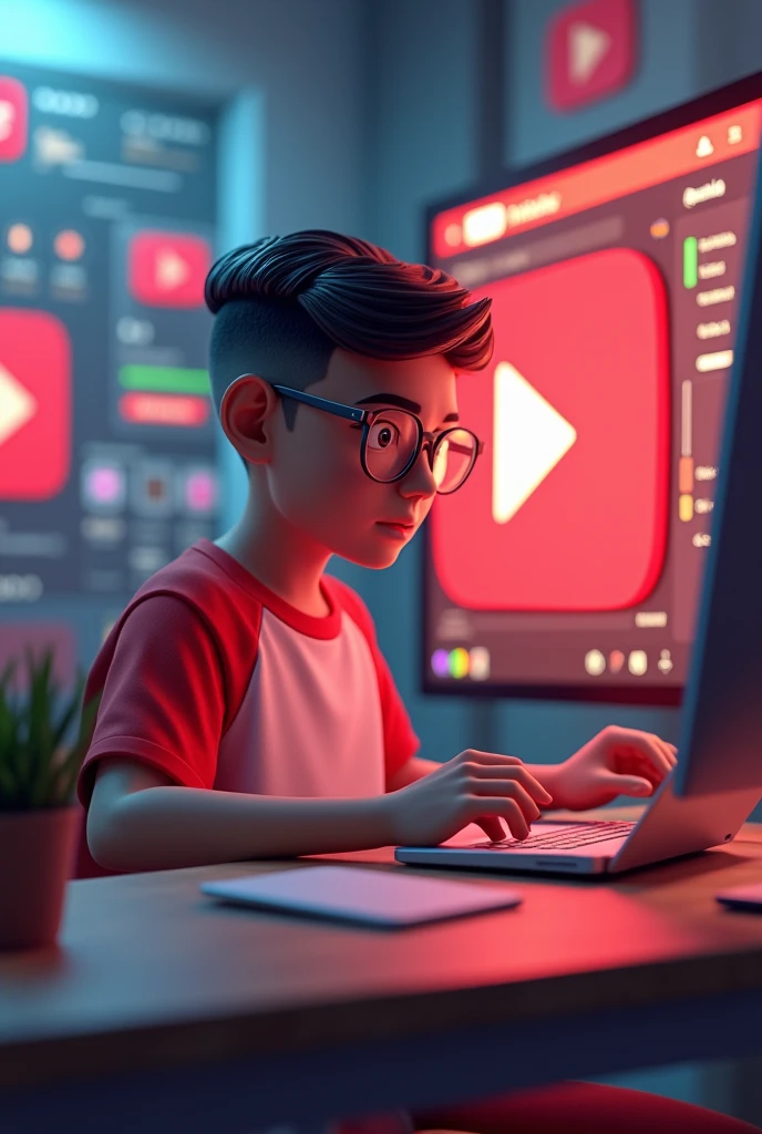 Create a 3D illustration featuring a realistic 13-year-old beautiful Indian realistic boy busy Developing software in front of a 3D logo of “YouTube” The boy wearing Red & white casual Shirts, with glasses , Undercut hair style, The background of the image should showcase a social media profile page and the username “Niladri Art” and a matching profile picture and modify it according to your perspective.