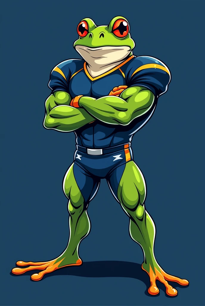 make a cartoon frog mascot, strong and brave with his arms crossed and a completely navy blue football shirt. knife him turned sideways