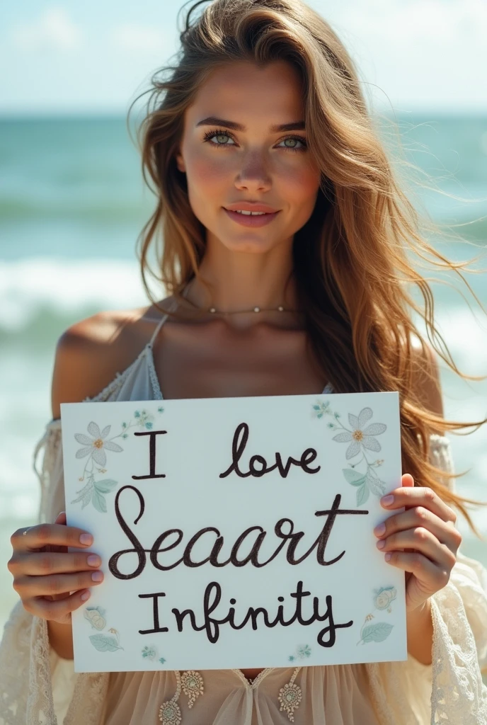Beautiful girl with wavy long hair, bohemian dress, holding a white board with text "I Love Seaart Infinity" and showing it to the viewer