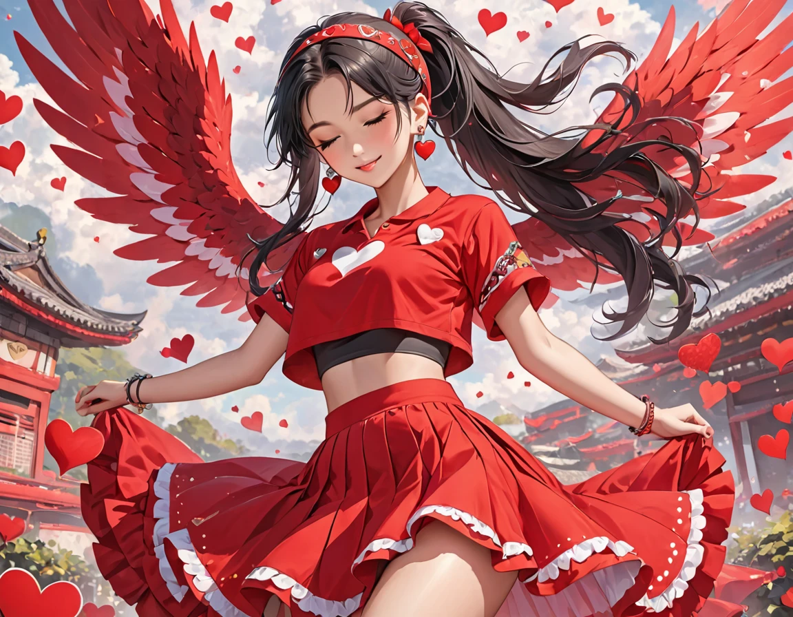 a young girl is wearing red clothes with heart shaped wings sticking out of her skirt, 1girl, solo, one eye closed, jewelry, hairband, ponytail, black hair, heart, looking at viewer, black eyes, long hair, earrings, crop top, midriff, red shirt