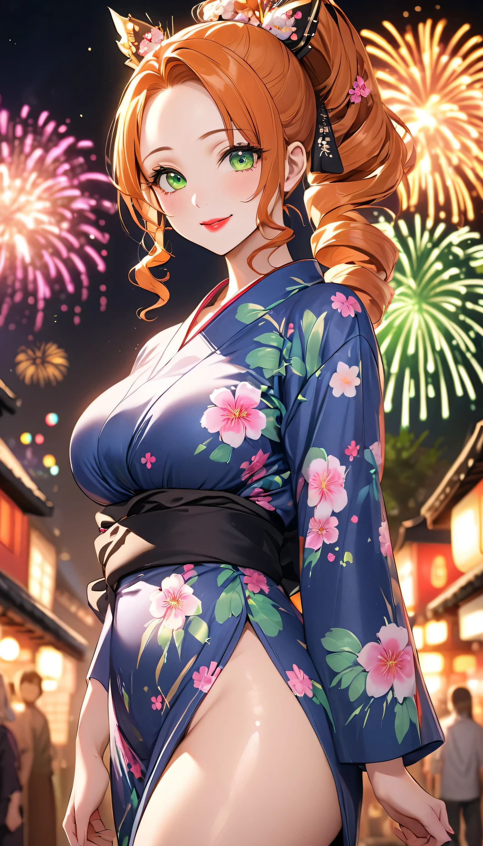 (Highest quality,4K,8k,High resolution,masterpiece:1.2),Very detailed,32-year-old woman、(((Mature Woman))), (((Mature Woman))), solo, Large Breasts, Beautiful Eyes、Orange Hair、Moss green eyes、Red lips, ((ponytail)), (Drill Hair), ((forehead)),  Very cute face, Glossy Lips, Double eyelids on both eyes,Natural smile、Tight waist、Sexy ass、Natural Makeup, Long eyelashes, Shiny and smooth hair、Japanese yukata costume、Flower Hair Ornaments、night、Fireworks display、Colorful fireworks、cowboy shot, from the front、Shallow depth of field