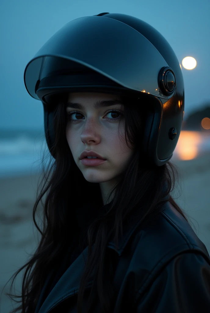 A girl black hair selfie with Motor bicycle helmet on, at night time beach