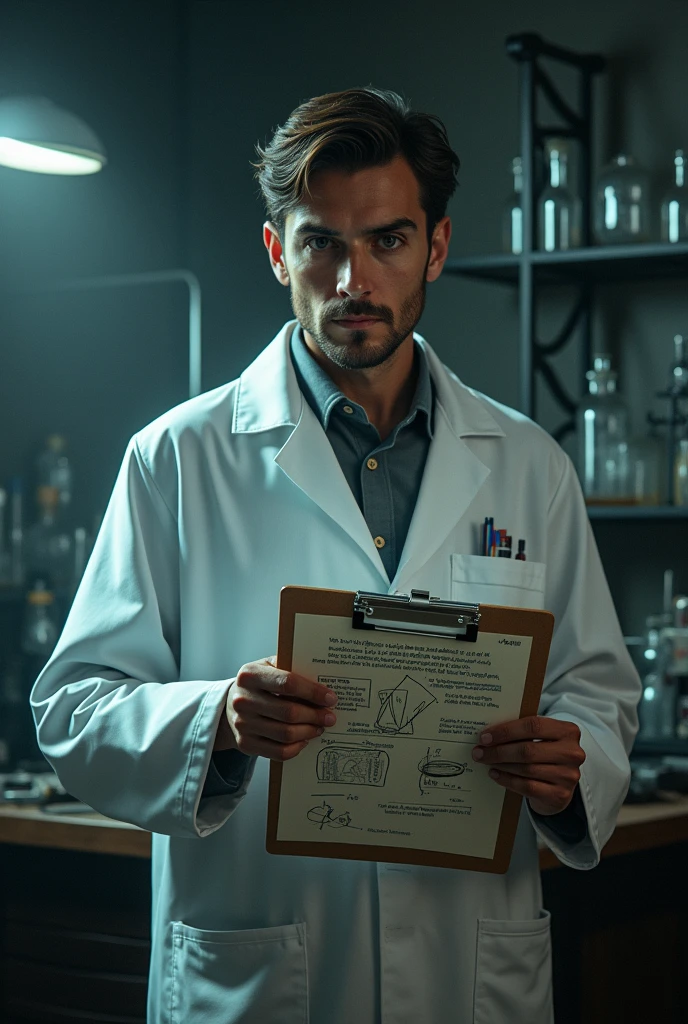 A person wearing a lab coat, holding a clipboard with unregulated and unsafe practices listed on it.