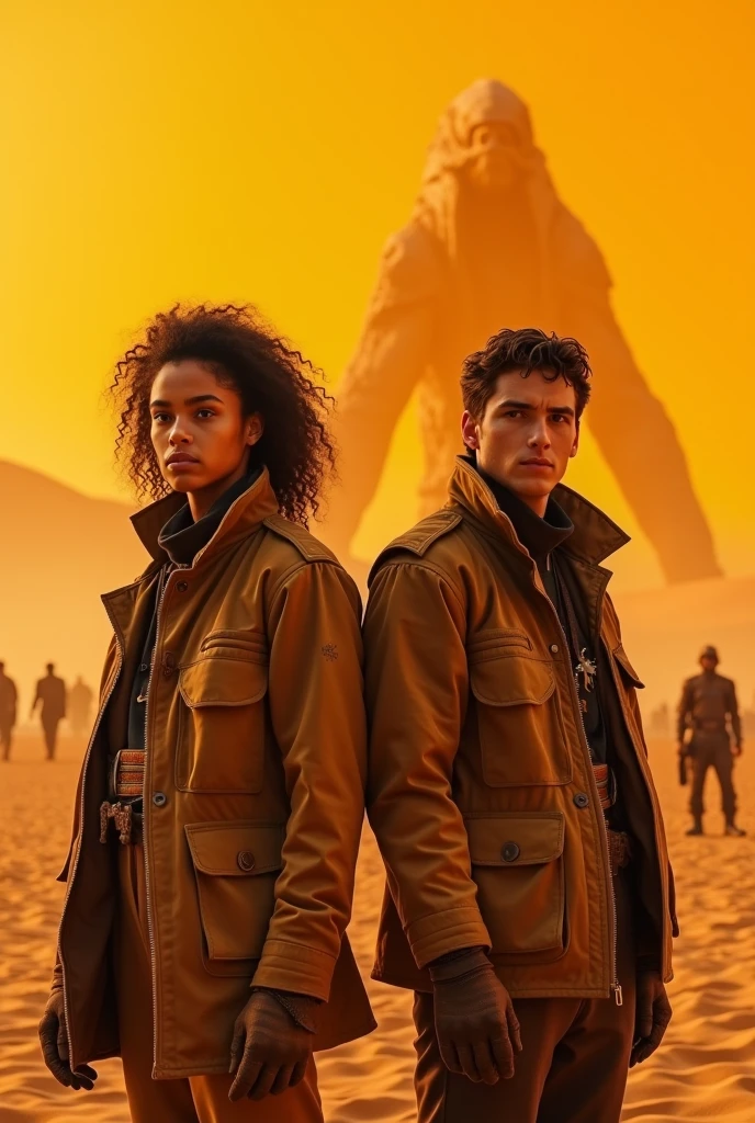 (photorealism:1.2), Zendaya and Timothée Chalamet jackets standing in front of a bright orange background, scene from film Dune 2, arrakis, warrior, giant worm,
