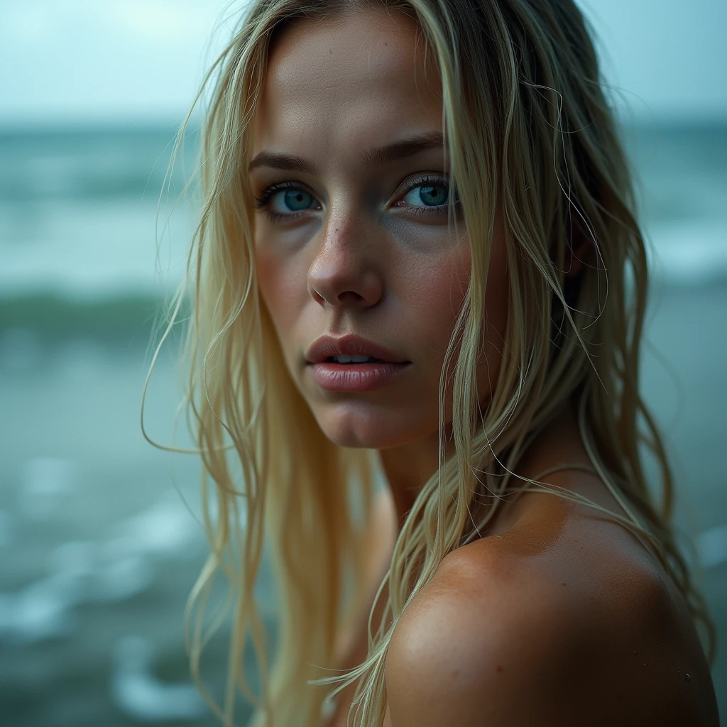 under the rain, completely soaked by the rain, in the middle of the waves, close-up of of a white woman, 40 years old, long straight blond hair, blue eyes, slim, historical photography, ultra - realistic, natural light, Canon 5D, DSLR, 50mm, style raw, complex background, fine face and nose, fine mouth, smooth hair, skin pore visible, (Very detailed RAW photo), (photorealistic, dramatic and cinematographic lighting, Main light, Fill light), sharp focus, cinematographic, imperfect skin, Tissues, Textures, detailed face, detailed skin, detailed fingers, NaturalHand2-3500, analog film photo Deep photo, depth of field, Ferrania P30 Film, shadow, perfect face and body, low light, flash camera, washed-out film, desaturated, 35mm photo, grainy