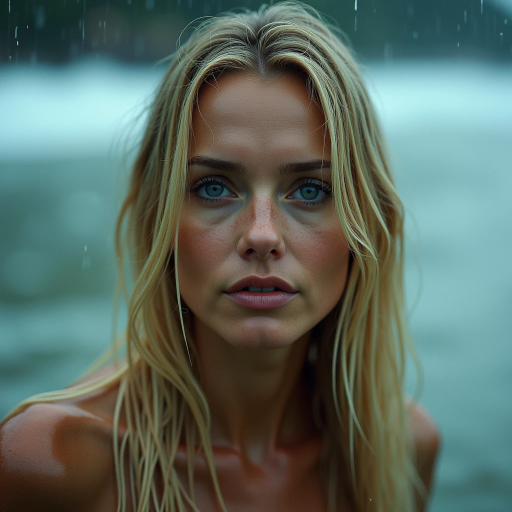under the rain, completely soaked by the rain, in the middle of the waves, close-up of of a white woman, 40 years old, long straight blond hair, blue eyes, slim, historical photography, ultra - realistic, natural light, Canon 5D, DSLR, 50mm, style raw, complex background, fine face and nose, fine mouth, smooth hair, skin pore visible, (Very detailed RAW photo), (photorealistic, dramatic and cinematographic lighting, Main light, Fill light), sharp focus, cinematographic, imperfect skin, Tissues, Textures, detailed face, detailed skin, detailed fingers, NaturalHand2-3500, analog film photo Deep photo, depth of field, Ferrania P30 Film, shadow, perfect face and body, low light, flash camera, washed-out film, desaturated, 35mm photo, grainy