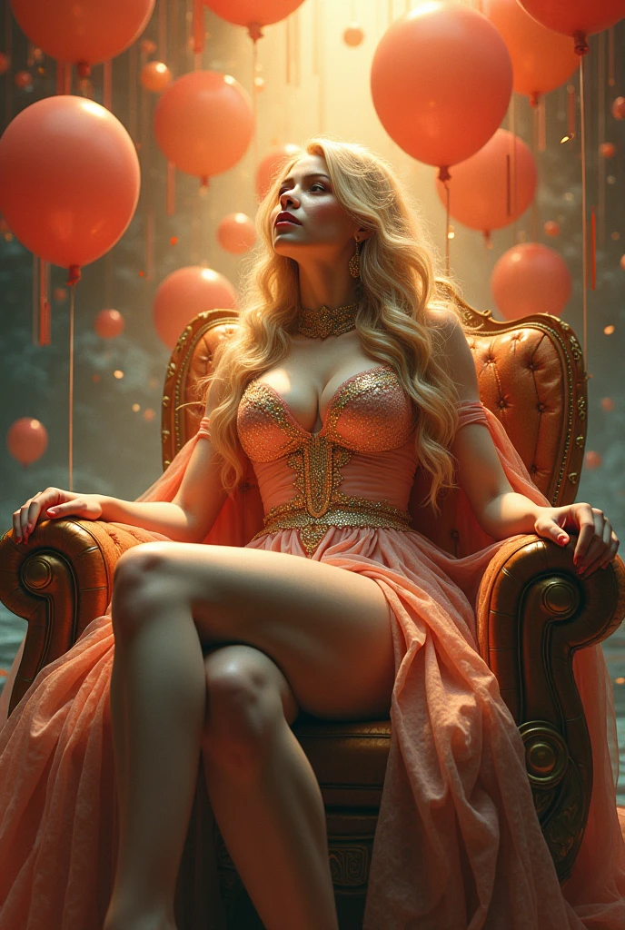 a close up of a woman in a costume with a lot of balloons, digital art inspired by Greg Hildebrandt, Artstation, fantasy art, lit from behind, artstation masterpiece, lisa ann, epic 3 d oshun, fantasy highly detailed, on her throne, goddess. extremely high detail, detailed and fantasy, voluptuous and arousing