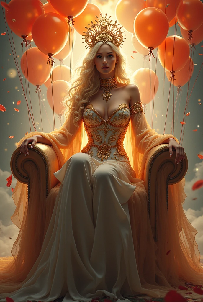 a close up of a woman in a costume with a lot of balloons, digital art inspired by Greg Hildebrandt, Artstation, fantasy art, lit from behind, artstation masterpiece, lisa ann, epic 3 d oshun, fantasy highly detailed, on her throne, goddess. extremely high detail, detailed and fantasy, voluptuous and arousing