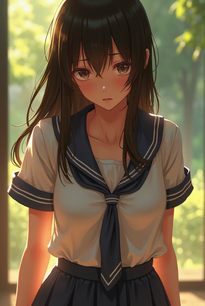A woman in a school uniform sweating under natural light、Cleavage。