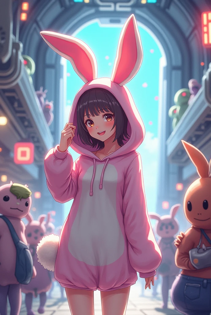 anime - style image of a woman in a space station with a rabbit costume, high resolution commission, pov art hairy, in a space station, in a space station, Lola Bunny Fanart, mini girly furry cute style, (SFW) Insurance for work, in the space station, in a space station llena de gente, star fox krystal, In a spaceship, furry fantasy art