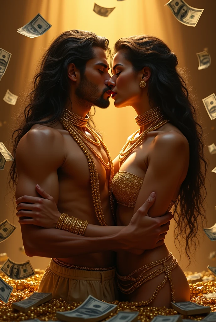 Poeple kissing wearing gold chains and money