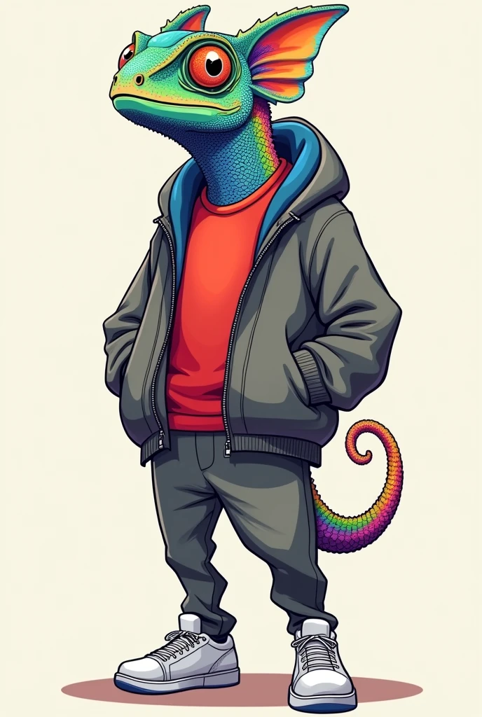Animated chameleon with bright colors wearing a grey jacket and a red t-shirt, gray pants and white shoes
other