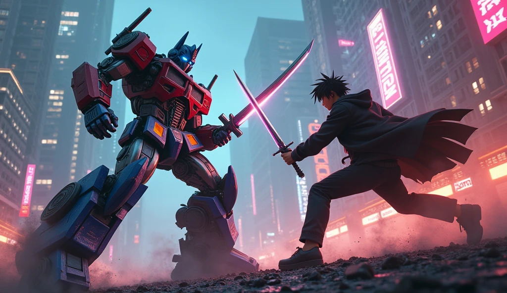 Optimus Prime meet Kirito, full body, highly detailed, cinematic, dramatic pose, intense battle, energetic action, mechanical robot, cyberpunk, neon lights, dramatic lighting, dystopian, gritty, blood, grime, intense emotion, photorealistic, hyper detailed, 8k, award winning
