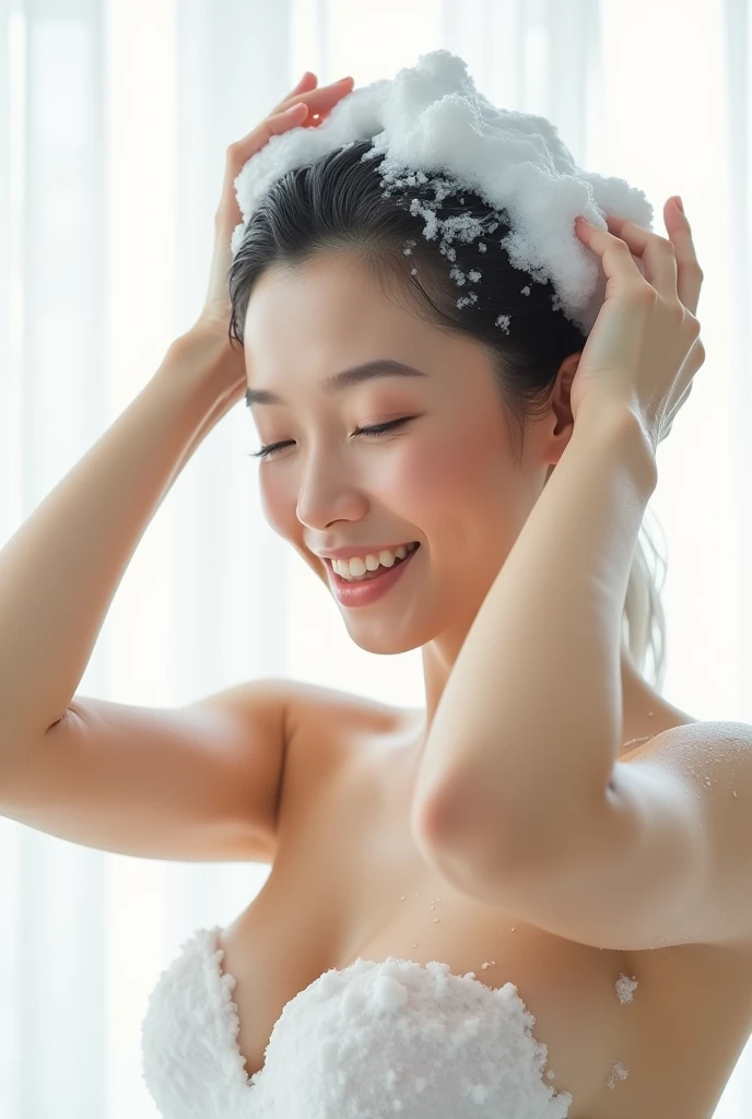 Create an Asian middle-aged beauty，Cute large breasts and buttocks，Scratching the scalp with both hands，Two hands washing hair on top of head，There is a lot of foam on the head，Foam wrap head，Realistic foam，The expression is happy，Upper Body，The characters are realistic and realistic，Pure white background，Character front position，9:16 frames，Ultra-high-definition picture quality
