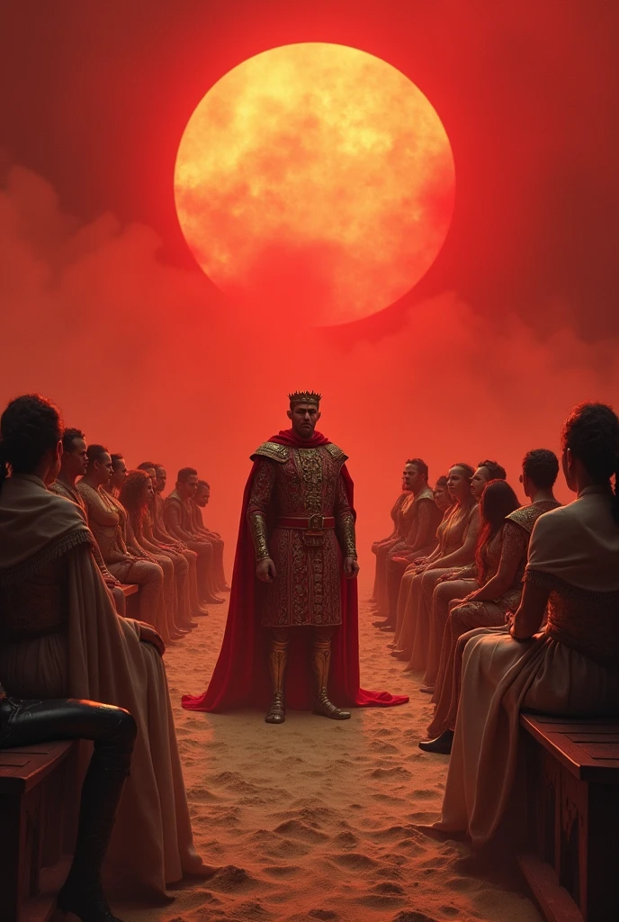 l(((King Francis of The Glove and the Lions))), in an (((anguish expression of the face and body))) accompanied by nobles, courtiers, and nobles wives, all sitting on the (((benches))) around him, and two (((lions))) valantly fighting at his side in a (ground made of a sand pit), with the sun's rays casting a (glowing, ominous red color) that surrounds the scene