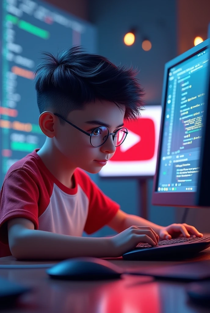 Create a 3D illustration featuring a realistic beautiful Indian realistic boy busy Developing software in front of a 3D logo of “YouTube” The boy wearing Red & white casual Shirts, with glasses , Undercut hair style, The background of the image should showcase a social media profile page and the username “Niladri Art” and a matching profile picture and modify it according to your perspective.
