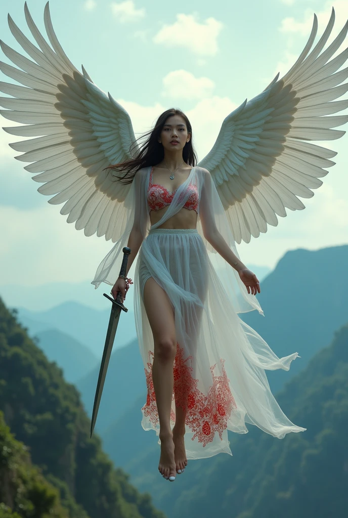  
Sci-fi fantasy, cenematic, Naked, nude, topless, A woman wearing a ransparent shawl made of used plastic, large and sexy breasts, super sexy, beautiful, with wings like Indonesian garuda, holding a sword, wearing a very long white skirt with pattern red and white colour with red and white motifs, above the sky, flying on top of mountains, hovering, with a shooting angle from the front, very realistic, (complex detail: 0.9), (hdr, hyperdetail: 1.2), RAW, Sony Alpha a9 II, 24-105mm f/4, HDR, indonesian woman