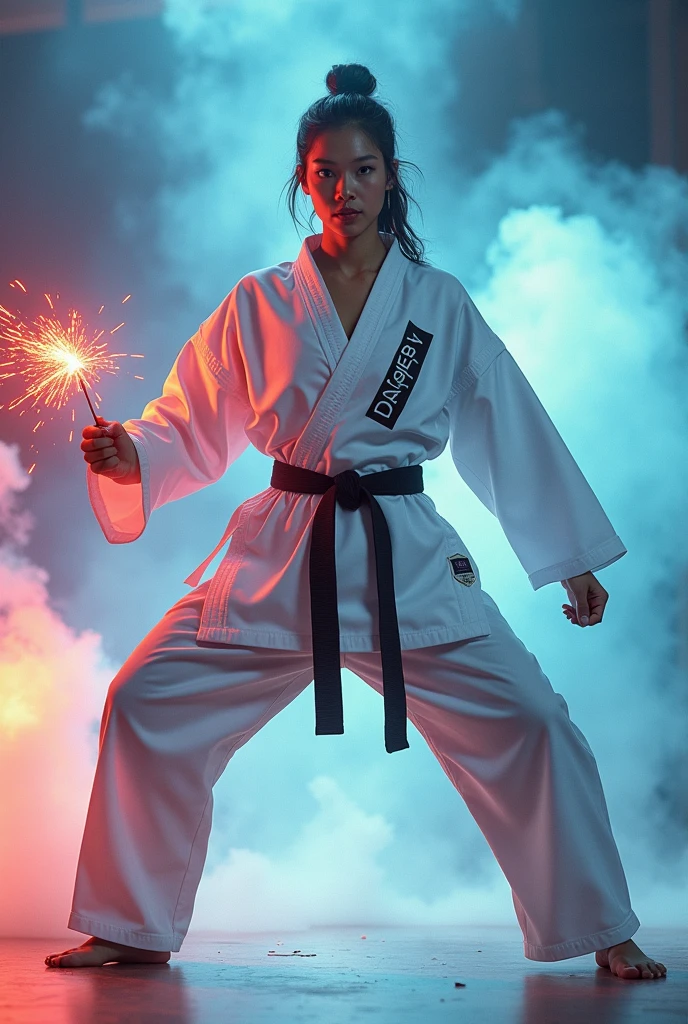 wide angle portrait of a beautiful 20 year old Indonesian girl wearing karate outfit in WARRIOR position, smoke and sparks effect with blue electric light, white and gray background, realistic ultra HD images that are perfect and flawless, rainbow colored smoke, add a spark of fiery red.displays " Daughter ". on his clothes.