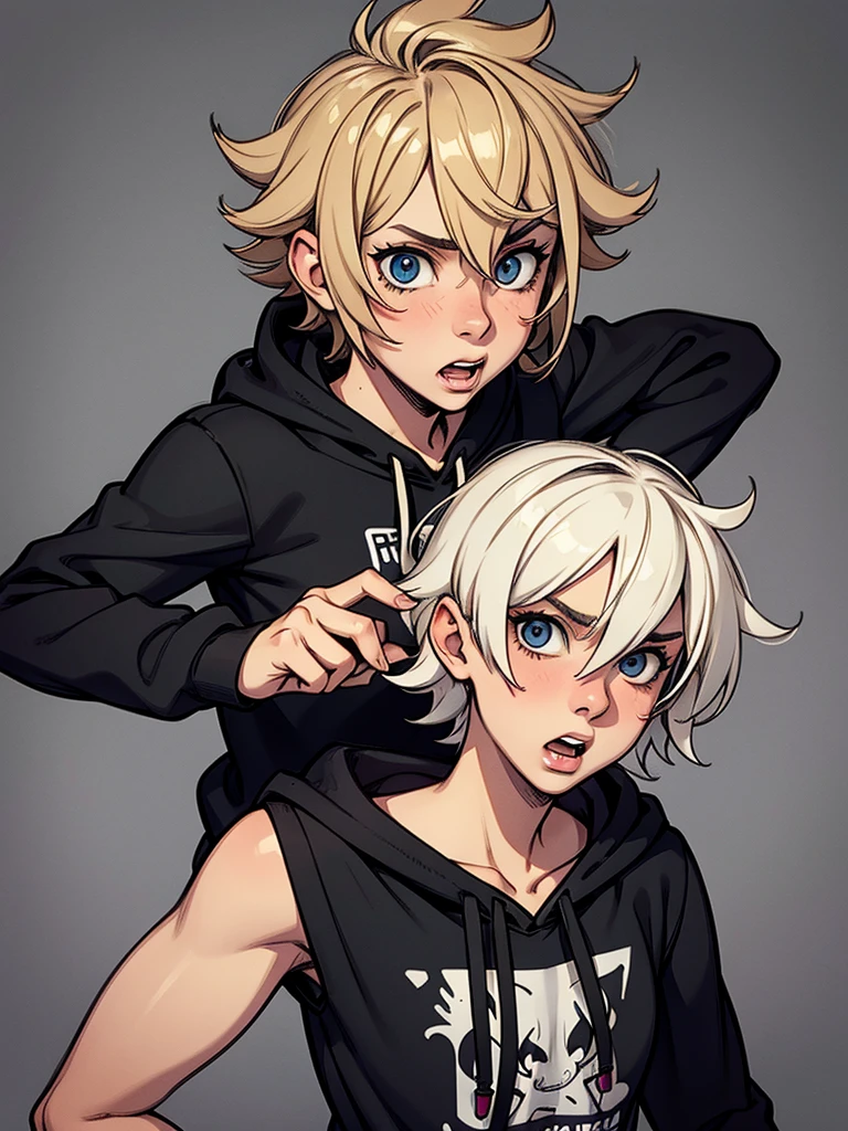 Cute, twink, dark blonde hair, teen, teenager, black hoodie, femboy, short hair, messy hair, Mathew Grey Gubler as a girl, surprised expression, busty, thin, feminine body, bmb-fc