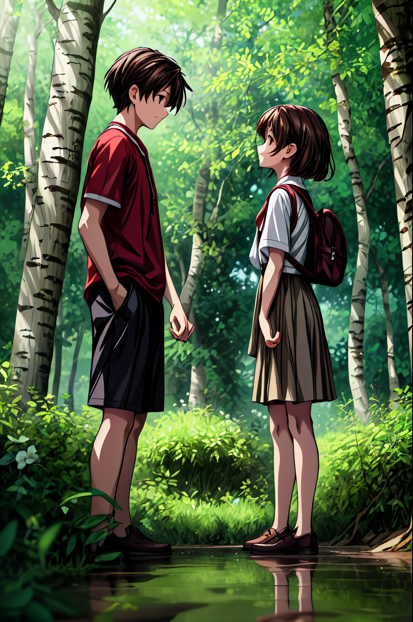 Digital illustration in an anime style, depicting a serene and emotional scene set in a lush forest. The layout is vertical, with the background featuring tall trees and dappled sunlight filtering through the canopy, creating a warm and inviting atmosphere. The foreground shows two characters, a boy and a girl, in a moment of tender interaction. The boy, with short brown hair and wearing a red shirt and shorts, is kneeling on one knee, holding the girl's hand. The girl, with long brown hair and wearing a white blouse and a grey skirt, stands facing him. Both characters have fair skin and are depicted with expressive facial features typical of anime art, including large, detailed eyes. The ground is wet, reflecting the light and adding to the tranquil mood of the scene. Red flowers and green foliage frame the characters, enhancing the natural beauty of the setting.