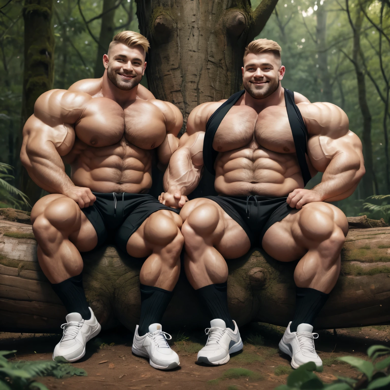 2 massively muscled bodybuilders in black socks holding hands, sitting on a tree trunk in their black sock, shoes off in a forest. Wearing kaki cargo shorts annd black socks , no shoes. Mountain in background. Handsome smiles. One blonde one brunett both undercut clean haircuts, Wide over-inflated and over-bloated shoulders, pecs and bulbous biceps. Admiring each others over-inflated muscles, feeling bulges, their black socks must be seen